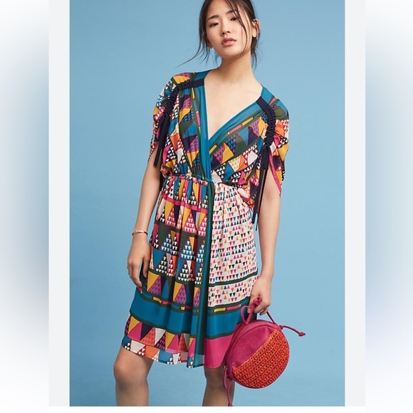 Maeve Anthropologie Semi Sheer Geometric Dress sz 4 V-Neck Cinch Shoulders Blue - Picture 3 of 11